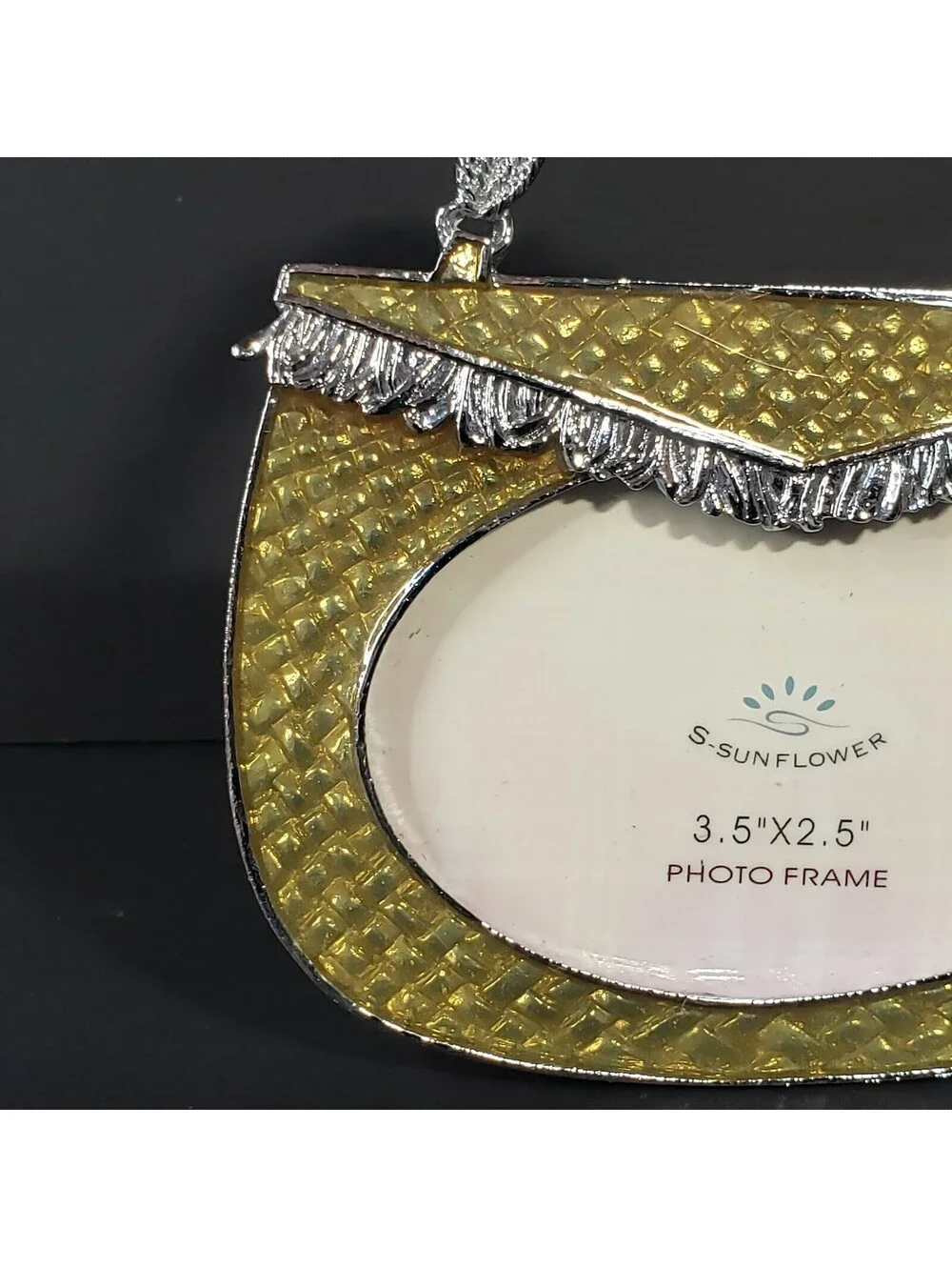 S. Sunflower Metal Gold Enamel Purse Photo Frame Handbag 3.5 x 2.5 Picture Easel
